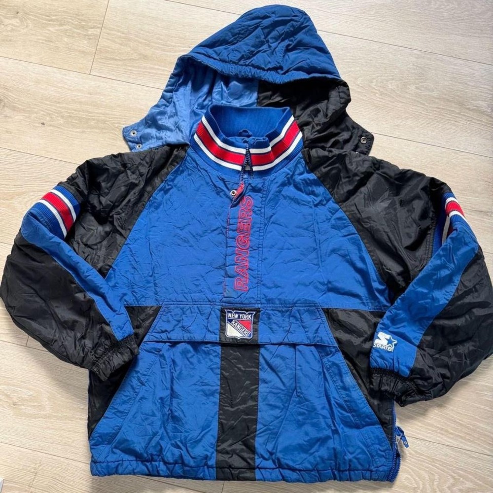 Vintage Starter New York Rangers NHL Hooded Pullover Jacket Blue Black Mens XL